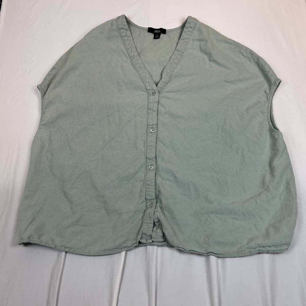 Ellos Womens M 14/16 Sage Green Linen Rayon V-Neck Button Front Sleeveless Top